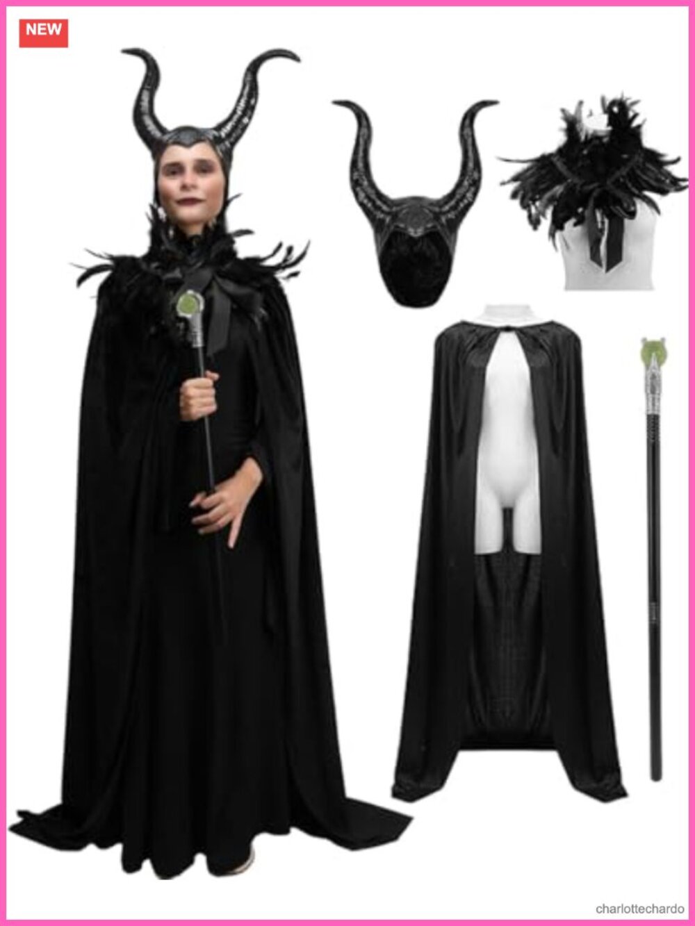 Evil Queen Costume Witch Black Horns Feather Cape Shawl Staff Velvet Robe